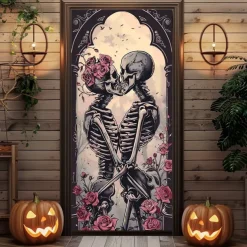 Halloween Door Decorations Skull Couple Door Covers Door Tapestry Door Curtain Decoration Backdrop Door Banner for Front Door Farmhouse Holiday Party Decor Supplies