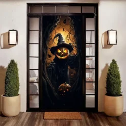 Halloween Door Decorations Halloween Door Covers Door Tapestry Pumpkins Forest Door Curtain Decoration Backdrop Door Banner for Front Door Farmhouse Holiday Party Decor Supplies