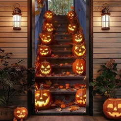 Halloween Door Decorations Halloween Door Covers Door Tapestry Pumpkins Forest Door Curtain Decoration Backdrop Door Banner for Front Door Farmhouse Holiday Party Decor Supplies