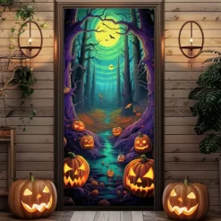 Halloween Door Decorations Halloween Door Covers Pumpkin Crow Door Tapestry Door Curtain Decoration Backdrop Door Banner for Front Door Farmhouse Holiday Party Decor Supplies