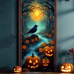 Halloween Door Decorations Halloween Door Covers Pumpkin Crow Door Tapestry Door Curtain Decoration Backdrop Door Banner for Front Door Farmhouse Holiday Party Decor Supplies