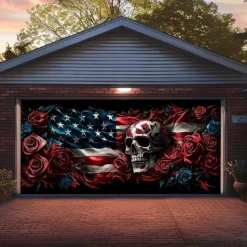 Halloween Door Decorations Garage Door Cover Skull 4th of July Independence Day Outdoor Banner Large Backdrop for Holiday Outdoor Garage Door Home Wall Decorations