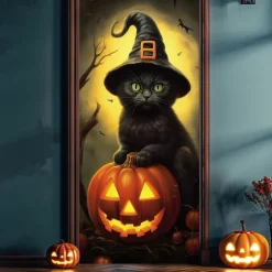 Halloween Door Decorations Halloween Door Covers Black Cat Pumpkin Door Tapestry Door Curtain Decoration Backdrop Door Banner for Front Door Farmhouse Holiday Party Decor Supplies