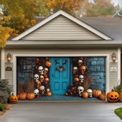 Halloween Door Decorations Outdoor Halloween Garage Door Cover Pumpkins Skull Banner Skeleton Outside Large Backdrop Decoration for Holiday Outdoor Garage Door Home Wall Decorations