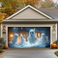 Halloween Door Decorations Outdoor Halloween Garage Door Cover Ghosts Banner Pumpkin Skeleton Outside Large Backdrop Decoration for Holiday Outdoor Garage Door Home Wall Decorations