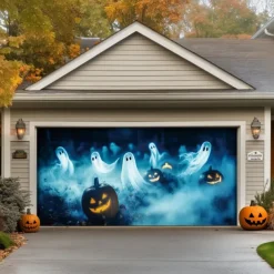 Halloween Door Decorations Outdoor Halloween Garage Door Cover Ghosts Banner Pumpkin Skeleton Outside Large Backdrop Decoration for Holiday Outdoor Garage Door Home Wall Decorations