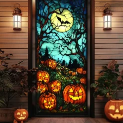 Halloween Door Decorations Halloween Door Covers Jack O Lantern Pumpkin Door Tapestry Door Curtain Decoration Backdrop Door Banner for Front Door Farmhouse Holiday Party Indoor Outdoor Decor Supplies