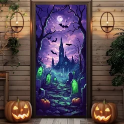 Halloween Door Decorations Door Covers Purple Graveyard Door Tapestry Door Curtain Decoration Backdrop Door Banner for Front Door Farmhouse Holiday Party Indoor Outdoor Decor Supplies
