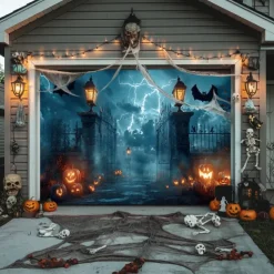 Halloween Door Decorations Outdoor Halloween Garage Door Cover Jack O Lantern Banner Pumpkin Bats Graveyard Outside Large Backdrop Decoration for Holiday Outdoor Garage Door Home Wall Decorations