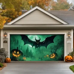 Halloween Door Decorations Outdoor Halloween Garage Door Cover Jack O Lantern Banner Pumpkin Bats Graveyard Outside Large Backdrop Decoration for Holiday Outdoor Garage Door Home Wall Decorations