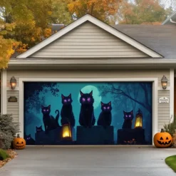 Halloween Door Decorations Outdoor Halloween Garage Door Cover Jack O Lantern Banner Pumpkin Skeleton Cat Large Backdrop Decoration for Holiday Outdoor Garage Door Home Wall Decorations