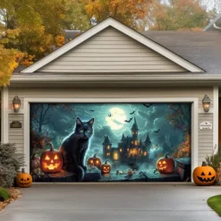Halloween Door Decorations Outdoor Halloween Garage Door Cover Jack O Lantern Banner Pumpkin Skeleton Cat Large Backdrop Decoration for Holiday Outdoor Garage Door Home Wall Decorations
