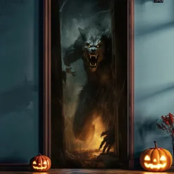 Halloween Door Decorations Halloween Door Covers Werewolf Skeleton Door Tapestry Door Curtain Decoration Backdrop Door Banner for Front Door Farmhouse Holiday Party Indoor Outdoor Decor Supplies