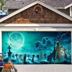 Halloween Door Decorations Outdoor Halloween Garage Door Cover Pumpkins Skeletons Banner Ghost Graveyard Large Christmas Backdrop Decoration for Holiday Outdoor Garage Door Home Wall Decorations