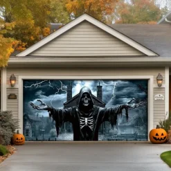Halloween Door Decorations Outdoor Halloween Garage Door Cover Jack O Lantern Banner Pumpkin Skeleton Death Outside Large Backdrop Decoration for Holiday Outdoor Garage Door Home Wall Decorations