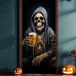Halloween Door Decorations Door Covers Skeleton Door Tapestry Beer Drinking Door Curtain Decoration Backdrop Door Banner for Front Door Farmhouse Holiday Party Indoor Outdoor Decor Supplies