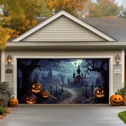 Halloween Door Decorations Outdoor Halloween Garage Door Cover Jack O Lantern Pumpkins Castle Banner Scary Forest Large Backdrop Decoration for Holiday Outdoor Garage Door Home Wall Decorations