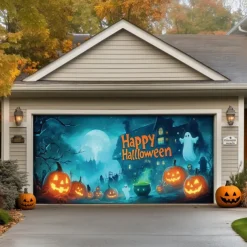 Halloween Door Decorations Outdoor Halloween Garage Door Cover Jack O Lantern Banner Large Tapestry Backdrop Decoration for Holiday Outdoor Garage Door Home Wall Decorations