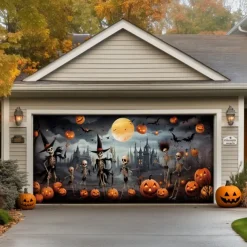 Halloween Door Decorations Outdoor Halloween Garage Door Cover Jack O Lantern Banner Large Tapestry Backdrop Decoration for Holiday Outdoor Garage Door Home Wall Decorations