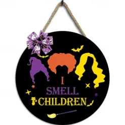 Halloween Door Sign Hocus Pocus Decor - I Smell Children Wall Decor - Wooden Door Hangers Wreath with Bow for Halloween Decorations Indoor Party Supplies