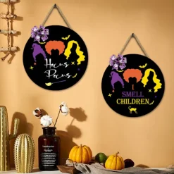 Halloween Door Sign Hocus Pocus Decor - I Smell Children Wall Decor - Wooden Door Hangers Wreath with Bow for Halloween Decorations Indoor Party Supplies