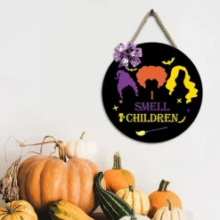 Halloween Door Sign Hocus Pocus Decor - I Smell Children Wall Decor - Wooden Door Hangers Wreath with Bow for Halloween Decorations Indoor Party Supplies