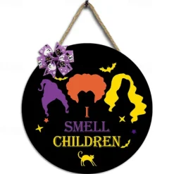 Halloween Door Sign Hocus Pocus Decor - I Smell Children Wall Decor - Wooden Door Hangers Wreath with Bow for Halloween Decorations Indoor Party Supplies
