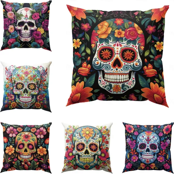 Halloween Double Side Pillow Cover 1PC Skull Day of Dead Soft Decorative Square Cushion Case Pillowcase for Bedroom Livingroom Sofa Couch Chair Decorations