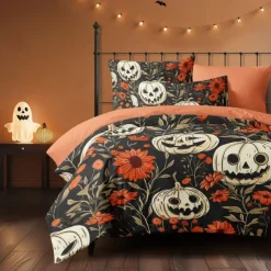 Halloween Duvet Cover Set Jack O Lantern Pumpkin Floral and Pumpkin Patterns for a Cozy Holiday Feel - Includes Duvet Cover and Pillowcases - Soft and Comfortable Fabric
