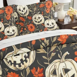 Halloween Duvet Cover Set Jack O Lantern Pumpkin Floral and Pumpkin Patterns for a Cozy Holiday Feel - Includes Duvet Cover and Pillowcases - Soft and Comfortable Fabric
