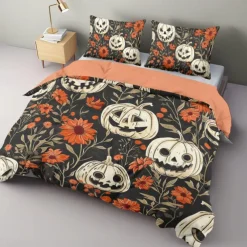 Halloween Duvet Cover Set Jack O Lantern Pumpkin Floral and Pumpkin Patterns for a Cozy Holiday Feel - Includes Duvet Cover and Pillowcases - Soft and Comfortable Fabric
