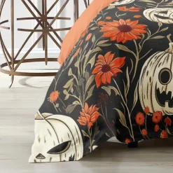 Halloween Duvet Cover Set Jack O Lantern Pumpkin Floral and Pumpkin Patterns for a Cozy Holiday Feel - Includes Duvet Cover and Pillowcases - Soft and Comfortable Fabric