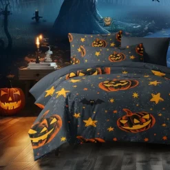 Halloween Duvet Cover Set Jack O Lantern Pumpkin Spooky and Festive Design - Includes Duvet Cover and Pillowcases - Soft and Comfortable Fabric - Perfect for Adding Halloween Spirit to Your Bedroom