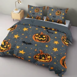 Halloween Duvet Cover Set Jack O Lantern Pumpkin Spooky and Festive Design - Includes Duvet Cover and Pillowcases - Soft and Comfortable Fabric - Perfect for Adding Halloween Spirit to Your Bedroom