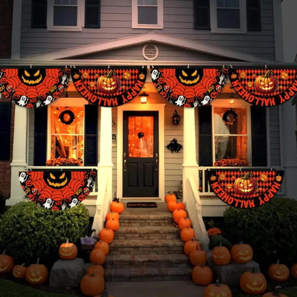 Halloween Fan Flag Bunting Outdoor Flag for Outdoor Halloween Yard Fence Hanging Spooky Pumpkin Banner Flag Table Decor Fall Room Decor Aesthetic Halloween Birthday Party Decor