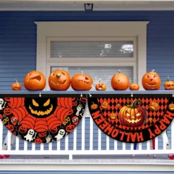 Halloween Fan Flag Bunting Outdoor Flag for Outdoor Halloween Yard Fence Hanging Spooky Pumpkin Banner Flag Table Decor Fall Room Decor Aesthetic Halloween Birthday Party Decor
