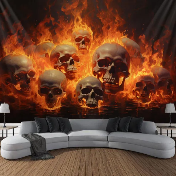Halloween Fire Skulls Hanging Tapestry Wall Art Large Tapestry Mural Decor Photograph Backdrop Blanket Curtain Home Bedroom Living Room Decorations