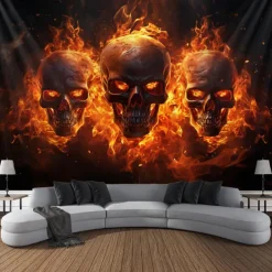 Halloween Fire Skulls Hanging Tapestry Wall Art Large Tapestry Mural Decor Photograph Backdrop Blanket Curtain Home Bedroom Living Room Decorations