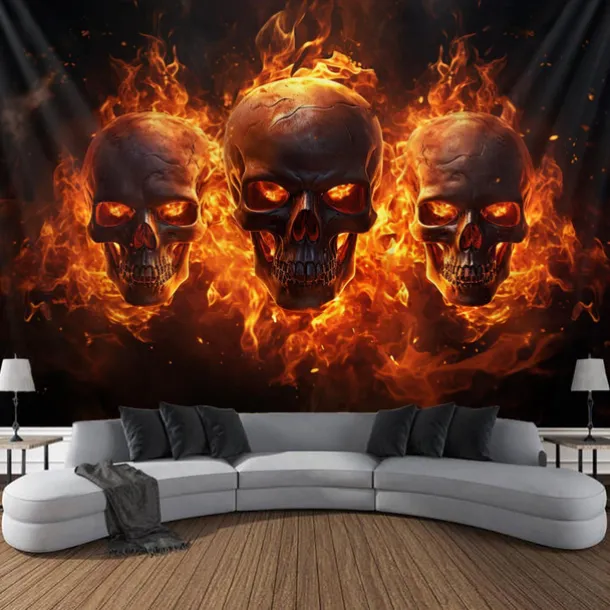 Halloween Fire Skulls Hanging Tapestry Wall Art Large Tapestry Mural Decor Photograph Backdrop Blanket Curtain Home Bedroom Living Room Decorations