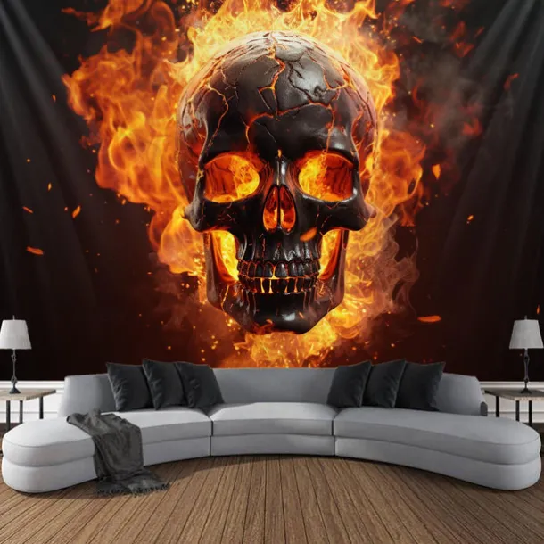 Halloween Fire Skulls Hanging Tapestry Wall Art Large Tapestry Mural Decor Photograph Backdrop Blanket Curtain Home Bedroom Living Room Decorations