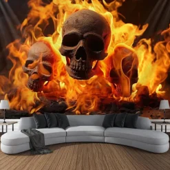 Halloween Fire Skulls Hanging Tapestry Wall Art Large Tapestry Mural Decor Photograph Backdrop Blanket Curtain Home Bedroom Living Room Decorations