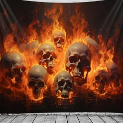 Halloween Fire Skulls Hanging Tapestry Wall Art Large Tapestry Mural Decor Photograph Backdrop Blanket Curtain Home Bedroom Living Room Decorations