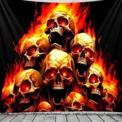 Halloween Flaming Skull Tapestry – Fiery Skeleton Heads Wall Art Backdrop, Scary Gothic Horror Large Hanging Mural Blanket Curtain for Bedroom Living Room 2025 Halloween Home Decoration
