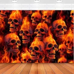 Halloween Flaming Skull Tapestry – Fiery Skeleton Heads Wall Art Backdrop, Scary Gothic Horror Large Hanging Mural Blanket Curtain for Bedroom Living Room 2025 Halloween Home Decoration