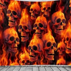 Halloween Flaming Skull Tapestry – Fiery Skeleton Heads Wall Art Backdrop, Scary Gothic Horror Large Hanging Mural Blanket Curtain for Bedroom Living Room 2025 Halloween Home Decoration