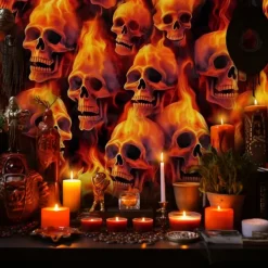 Halloween Flaming Skull Tapestry – Fiery Skeleton Heads Wall Art Backdrop, Scary Gothic Horror Large Hanging Mural Blanket Curtain for Bedroom Living Room 2025 Halloween Home Decoration