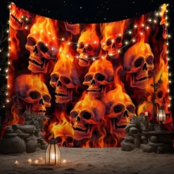 Halloween Flaming Skull Tapestry – Fiery Skeleton Heads Wall Art Backdrop, Scary Gothic Horror Large Hanging Mural Blanket Curtain for Bedroom Living Room 2025 Halloween Home Decoration