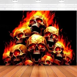 Halloween Flaming Skull Tapestry – Fiery Skeleton Heads Wall Art Backdrop, Scary Gothic Horror Large Hanging Mural Blanket Curtain for Bedroom Living Room 2025 Halloween Home Decoration