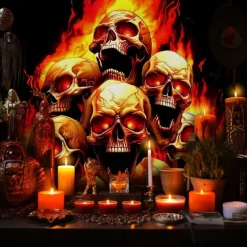 Halloween Flaming Skull Tapestry – Fiery Skeleton Heads Wall Art Backdrop, Scary Gothic Horror Large Hanging Mural Blanket Curtain for Bedroom Living Room 2025 Halloween Home Decoration