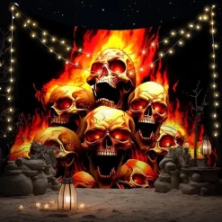 Halloween Flaming Skull Tapestry – Fiery Skeleton Heads Wall Art Backdrop, Scary Gothic Horror Large Hanging Mural Blanket Curtain for Bedroom Living Room 2025 Halloween Home Decoration